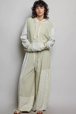 POL Mixed Knit Contrast Print Sleeve Hoodie with Kangaroo Pocket