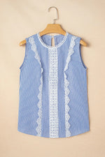 Stripe Lace Patchwork Crew Neck Sleeveless Top