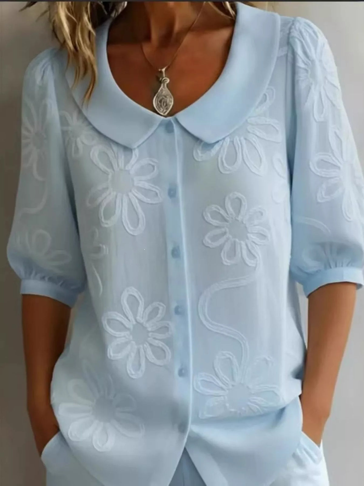 Full Size Flower Puff Sleeve Shirt Plus Size