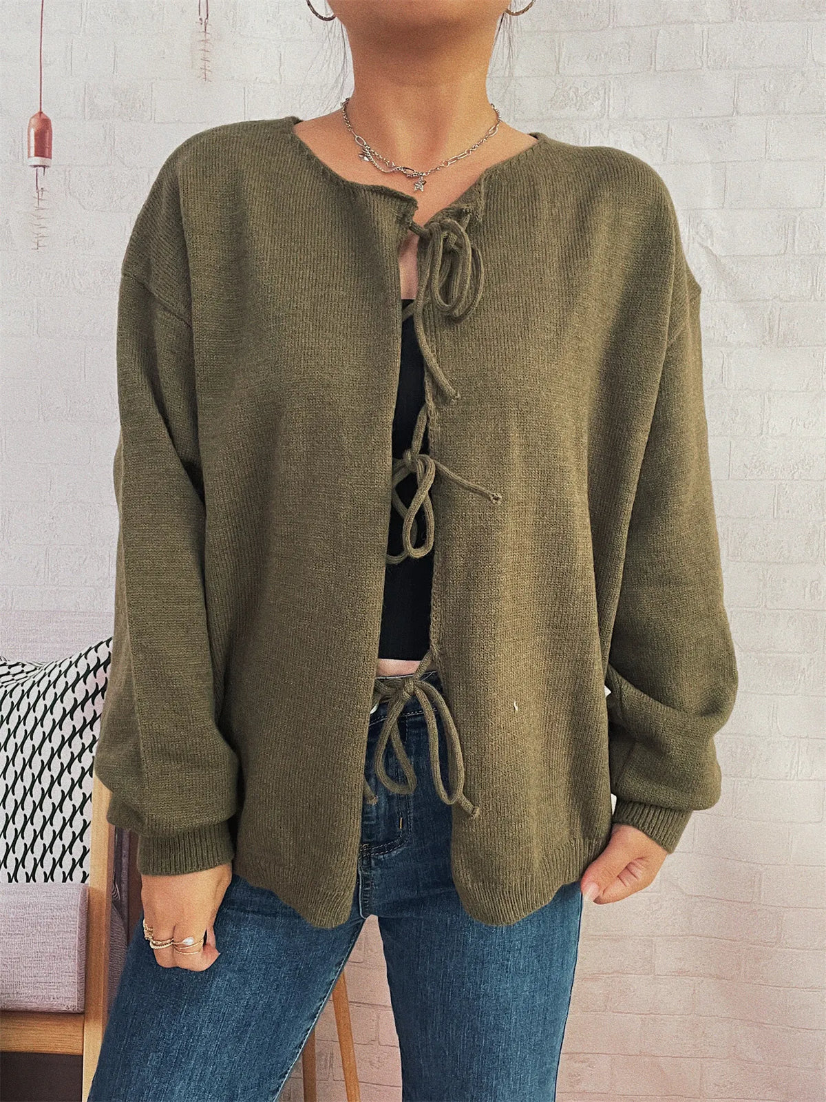 Tie Front Drop Shoulder Cardigan