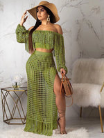 Full Size Crochet Off-Shoulder Fringe Top and Skirt Set Plus Size