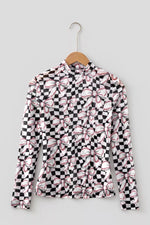 Checkered Baseball Bow Print High Neck Long Sleeve Mesh Top