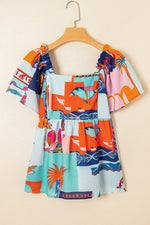 Printed Square Neck Ruffled Short Sleeve Blouse