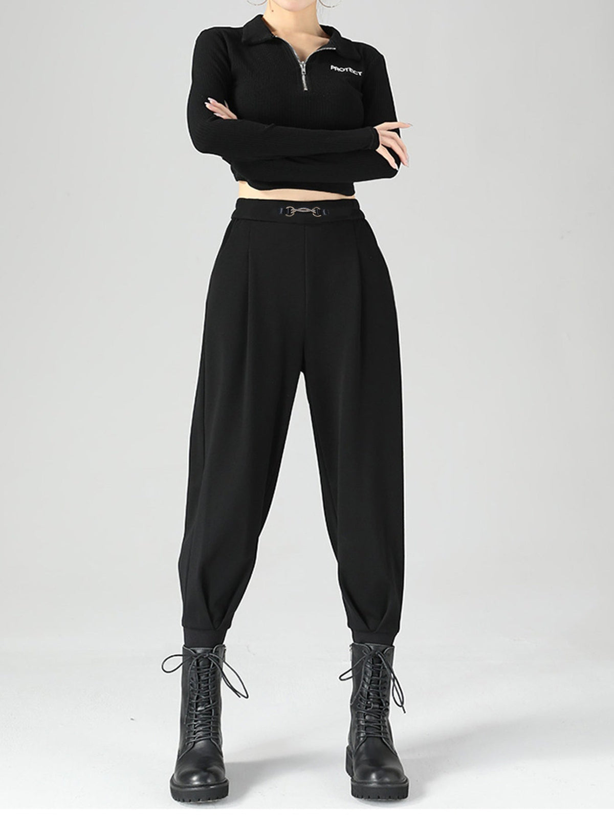 High-Waisted Buckle Detail Tapered Pants