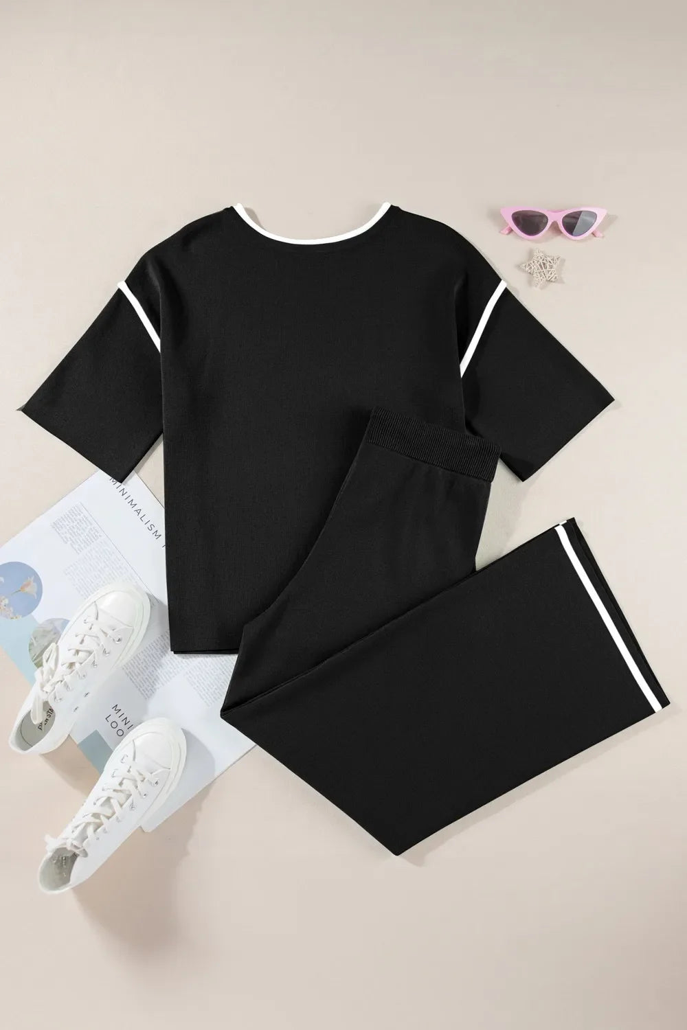 Contrast Trim Round Neck Top and Pants Set