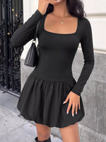 Square Neck Long Sleeve Bubble Hem Dress