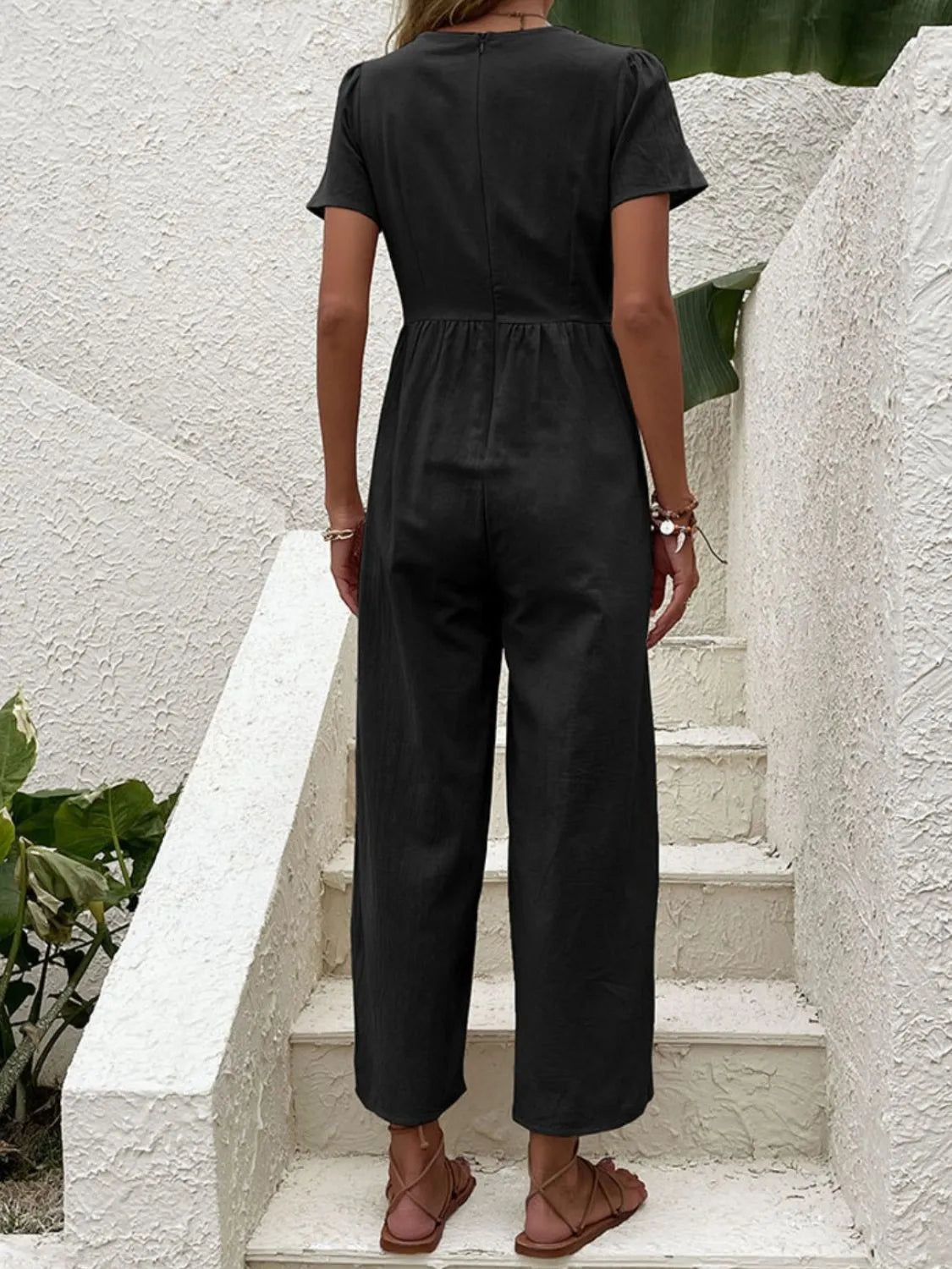 V-Neck Short Sleeve Wide Leg Jumpsuit