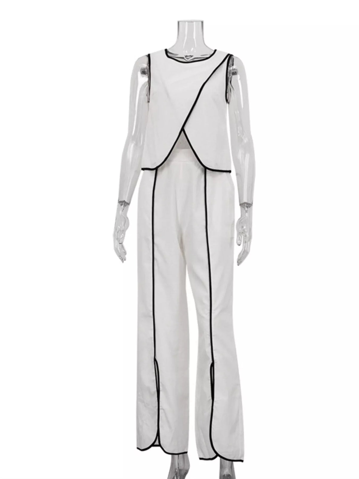 Contrast Trim Sleeveless Top and Wide-Leg Pants Set