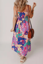 Floral Print Shirred Spaghetti Strap Loose Maxi Dress