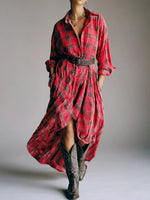 Full Size Plaid High-Low Long Sleeve Shirt Dress Plus Size