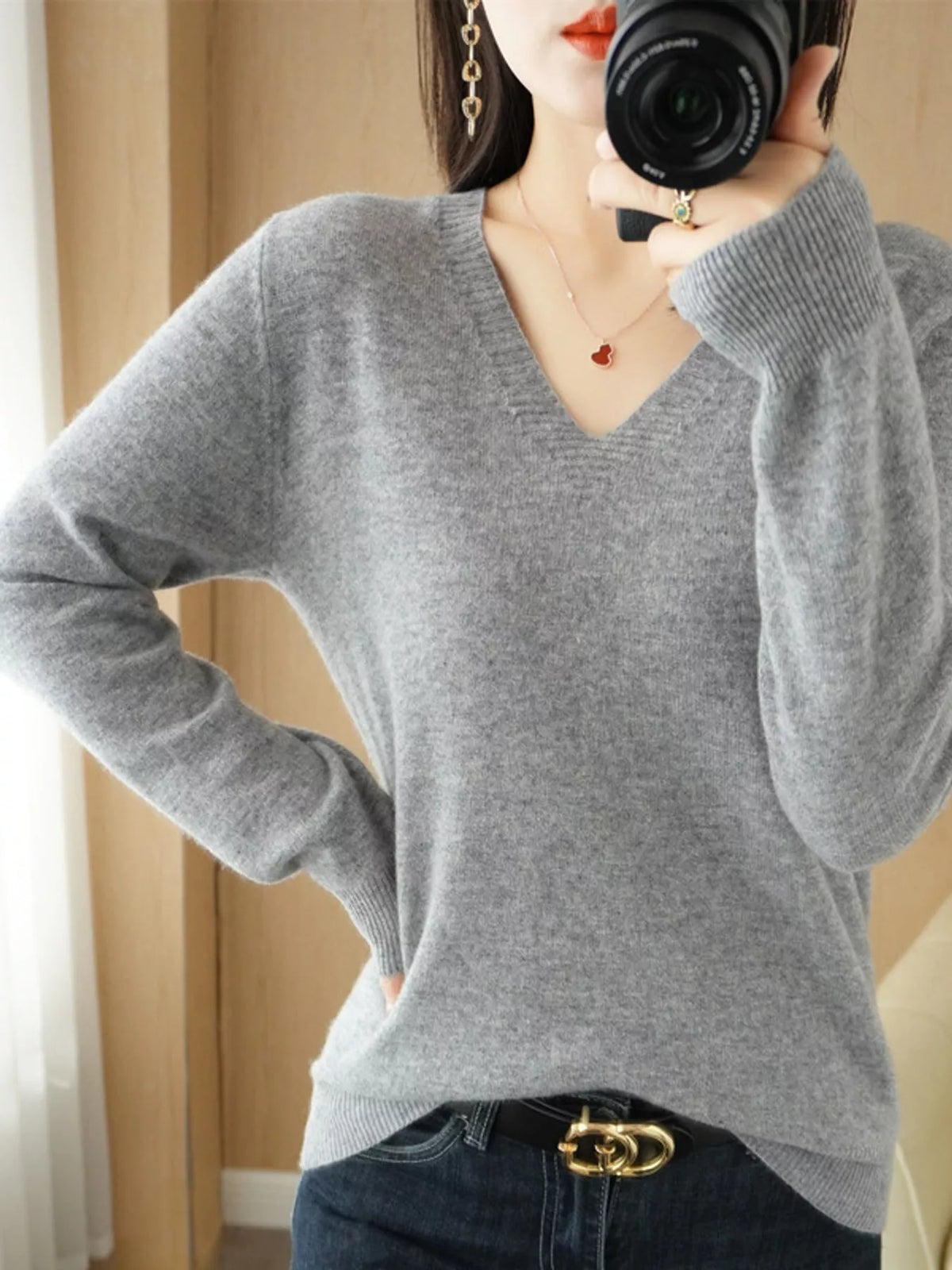 V-Neck Solid Color Sweater