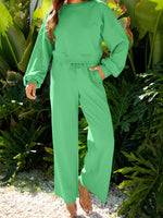 Drop Shoulder Puff Sleeve Crop Top and Drawstring Wide Leg Pants Set