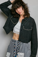 POL Cropped Button-Front Eyelet Cotton Jacket