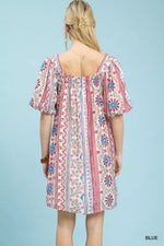 Umgee Mixed Print Puff Sleeve Mini Dress