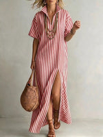 Striped High Slit Maxi Shirt Dress