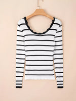 Scalloped Trim U Neck Striped Ribbed Slim Knit Top