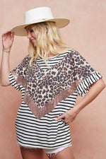 BiBi Stripe Rayon Span Knit Color Block Top With Leopard