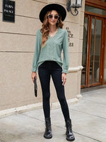 Lace Detail Eyelet V-Neck Flounce Sleeve Blouse