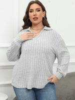 Plus Size Ribbed Knit Polo Collar T-Shirt