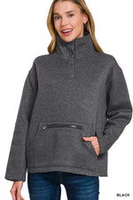 Zenana Fleece Washed High Neck Kangaroo Pocket Sweatshirt
