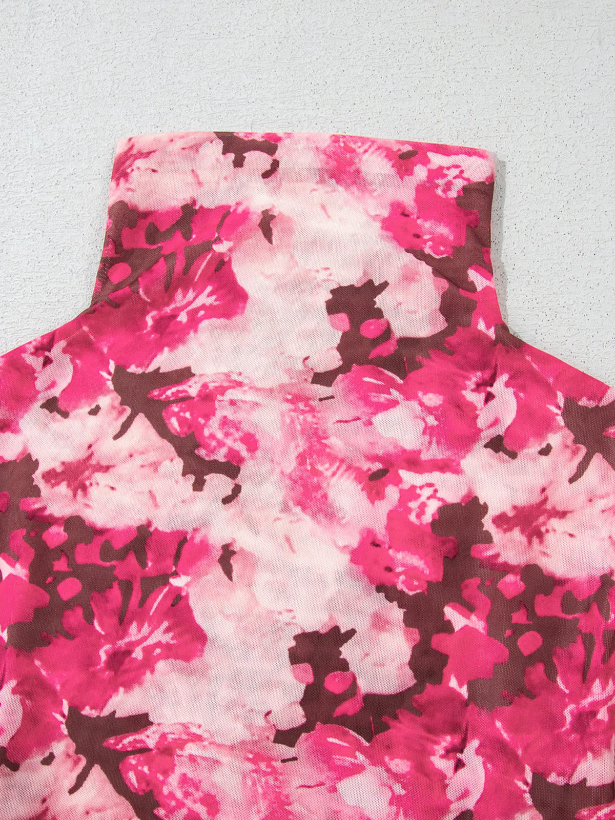 Floral Mesh Flounce Sleeve Mock Neck Blouse