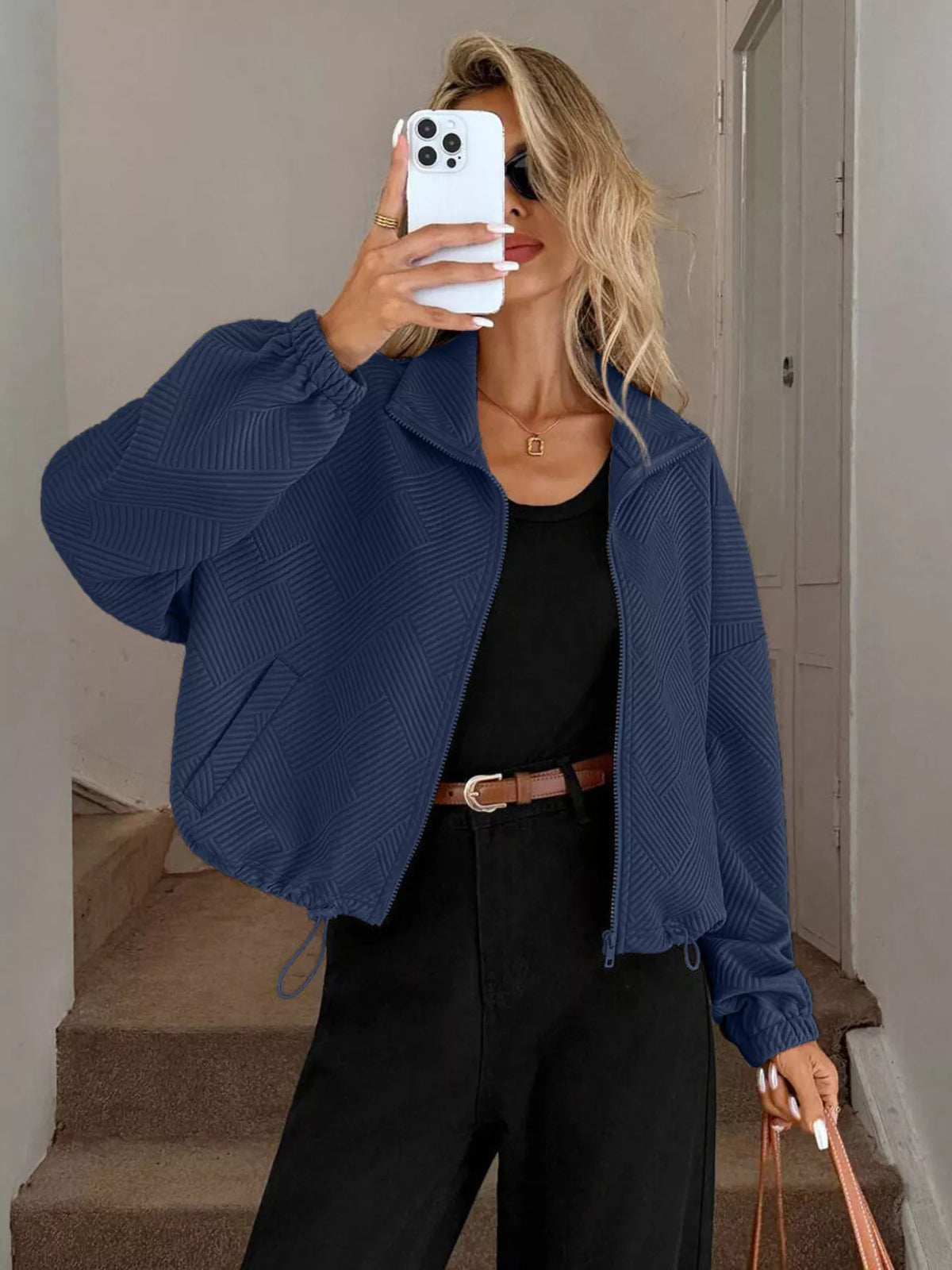 Drawstring Hem Textured Long Sleeve Jacket