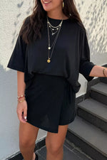 Solid Color Oversize Tee Tie Wrap Mini Skort 2pcs Set
