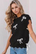 Bow Side Ties Scalloped Hem Cap Sleeve Sweater