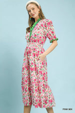 Umgee Floral Ruffle Trim Tiered Midi Dress