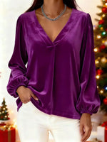 Full Size Velvet V-Neck Long Sleeve Blouse Plus Size