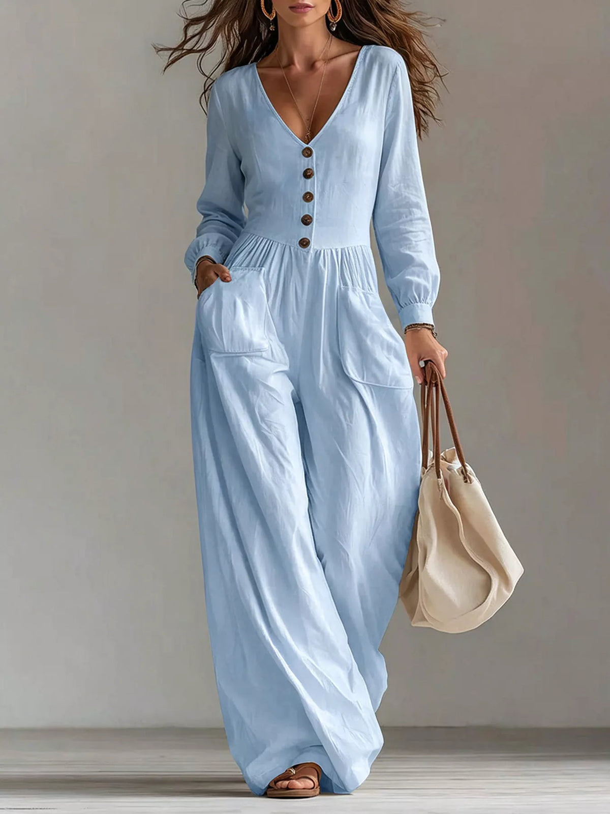 V-Neck Long Sleeve Button-Down Wide Leg Jumpsuit