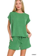 Zenana Raised Rib Cap Sleeve Top & Shorts Set