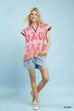 Umgee Border Print Split-Neck Boho Top