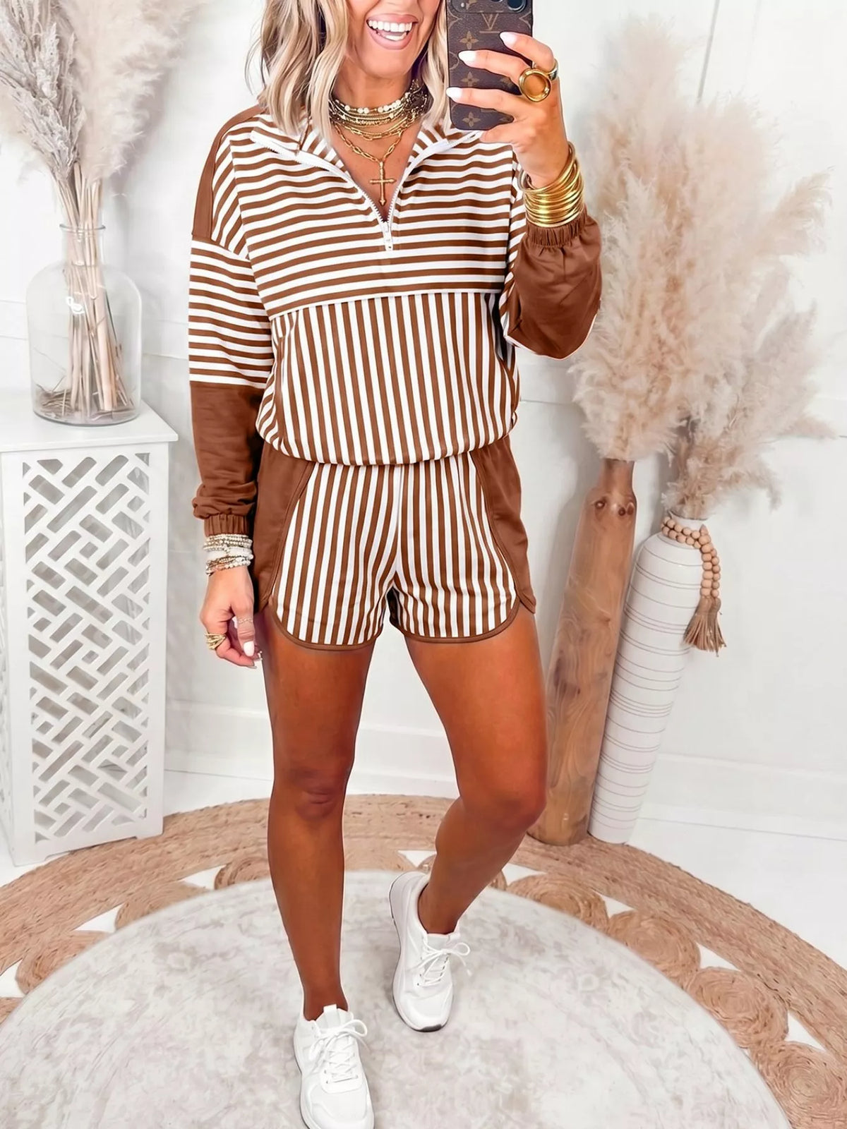 Stripe Color Block Patchwork Quarter Zip Pullover Sporty Shorts Set