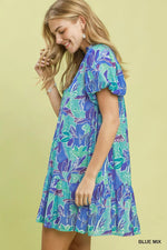 Umgee Tropical Floral Puff Sleeve Tiered Mini Dress