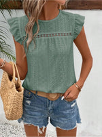 Eyelet Round Neck Cap Sleeve Top