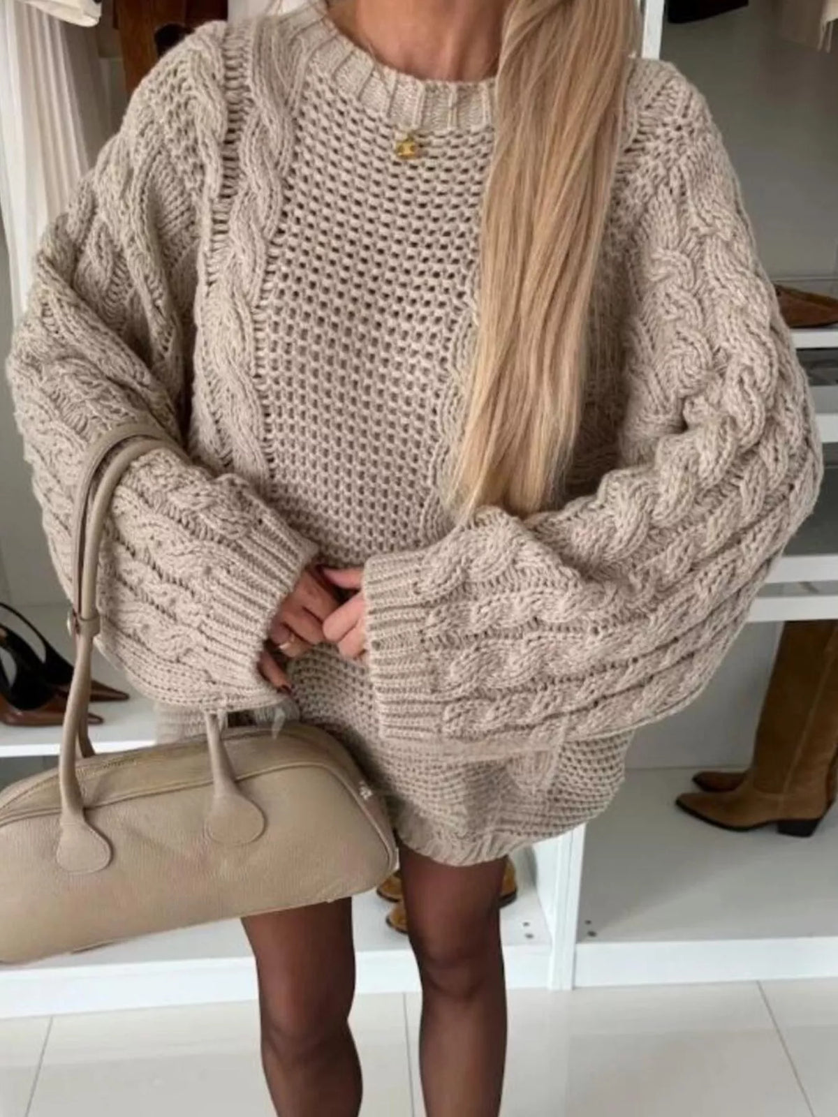 Cable Knit Round Neck Oversized Sweater