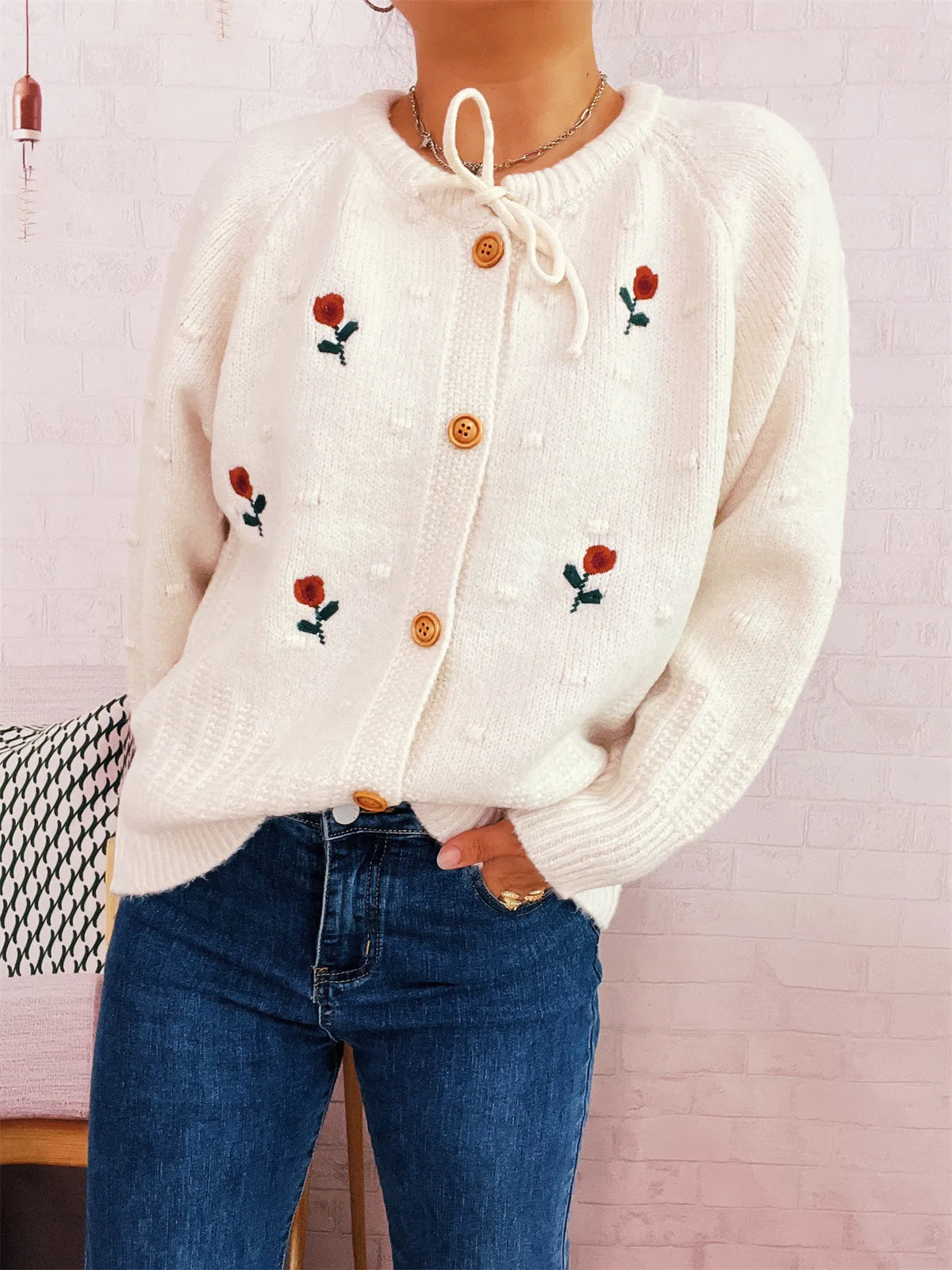 Rose Embroidered Button-Up Cardigan