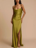 Satin Cowl Neck Slit Maxi Dress