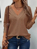 Eyelet V-Neck Long Sleeve Blouse