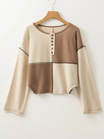 Color Block Waffle Knit Stitch Detail Long Sleeve Top