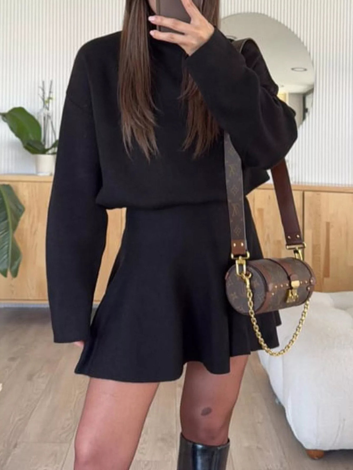Turtleneck Dropped Shoulder Sweater and Skirt Set