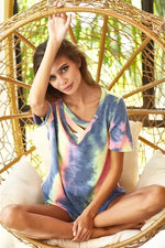 BiBi Tie Dye Terry V Neck Top With Double Strap