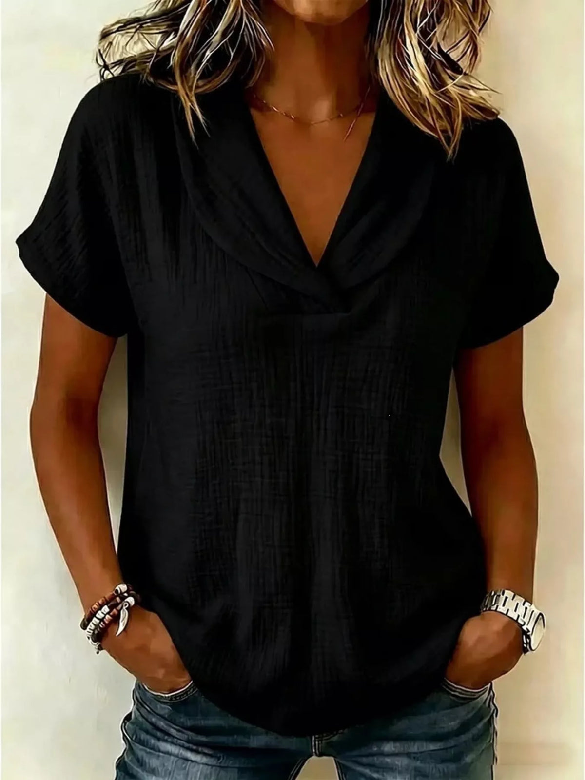 Full Size Textured Short Sleeve Blouse Plus Size