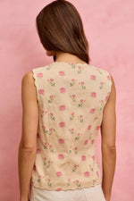 SO ME Floral Rose Cotton Twill Scallop Button Vest Top