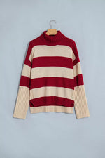 Stripe Ribbed Trim High Neck Relaxed Pullover Sweater
