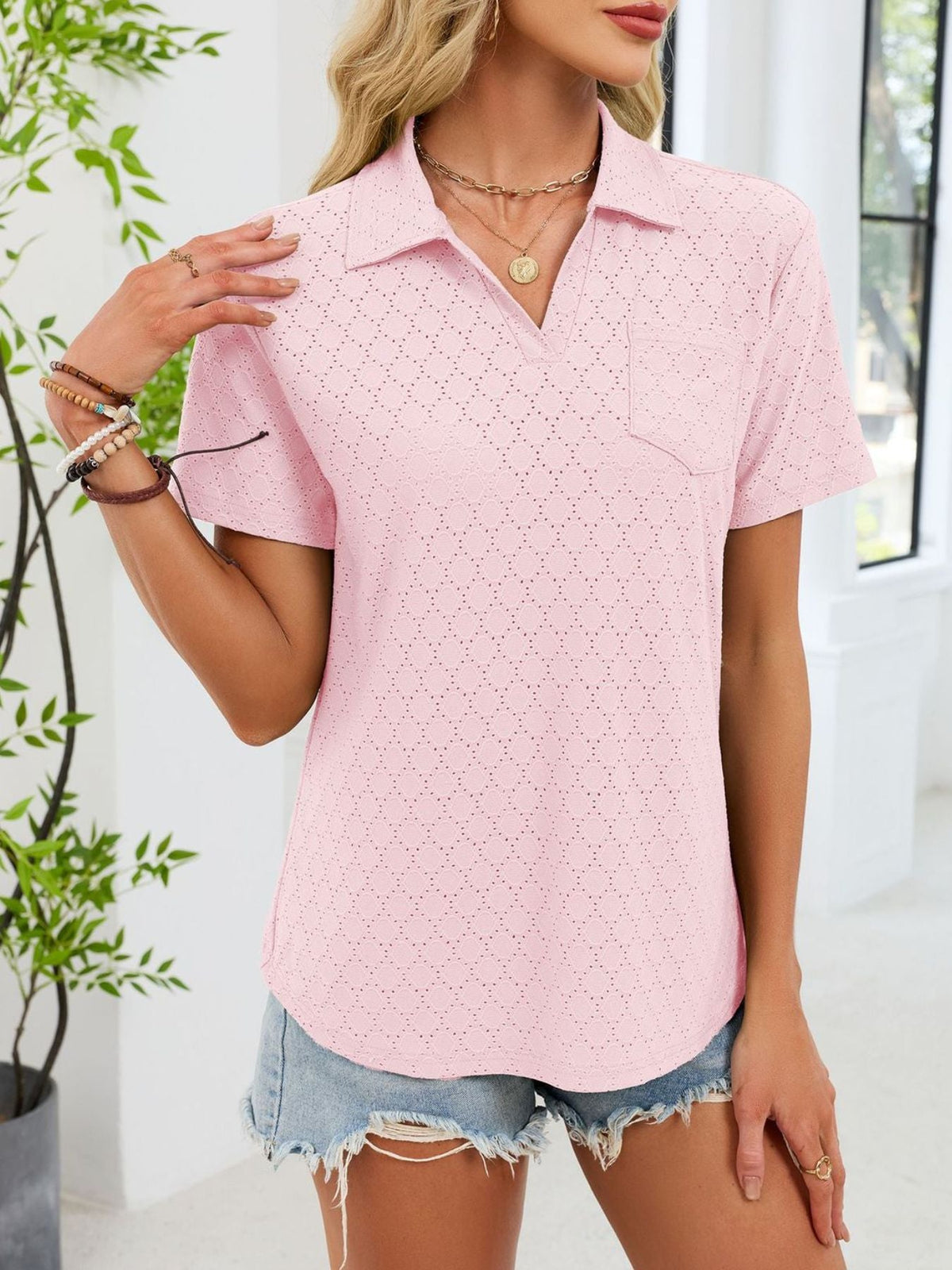 Eyelet Short Sleeve Blouse
