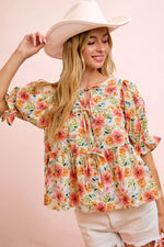 BiBi Flower Printed Shirring Detail Blouse Top