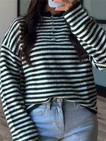 Button Detail Dropped Shoulder Striped Sweater