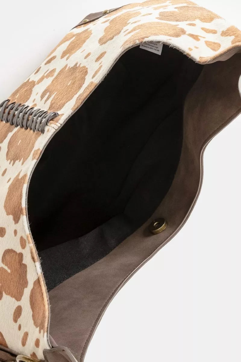 Fame Cow Print Hobo Shoulder Bag with Studded Details